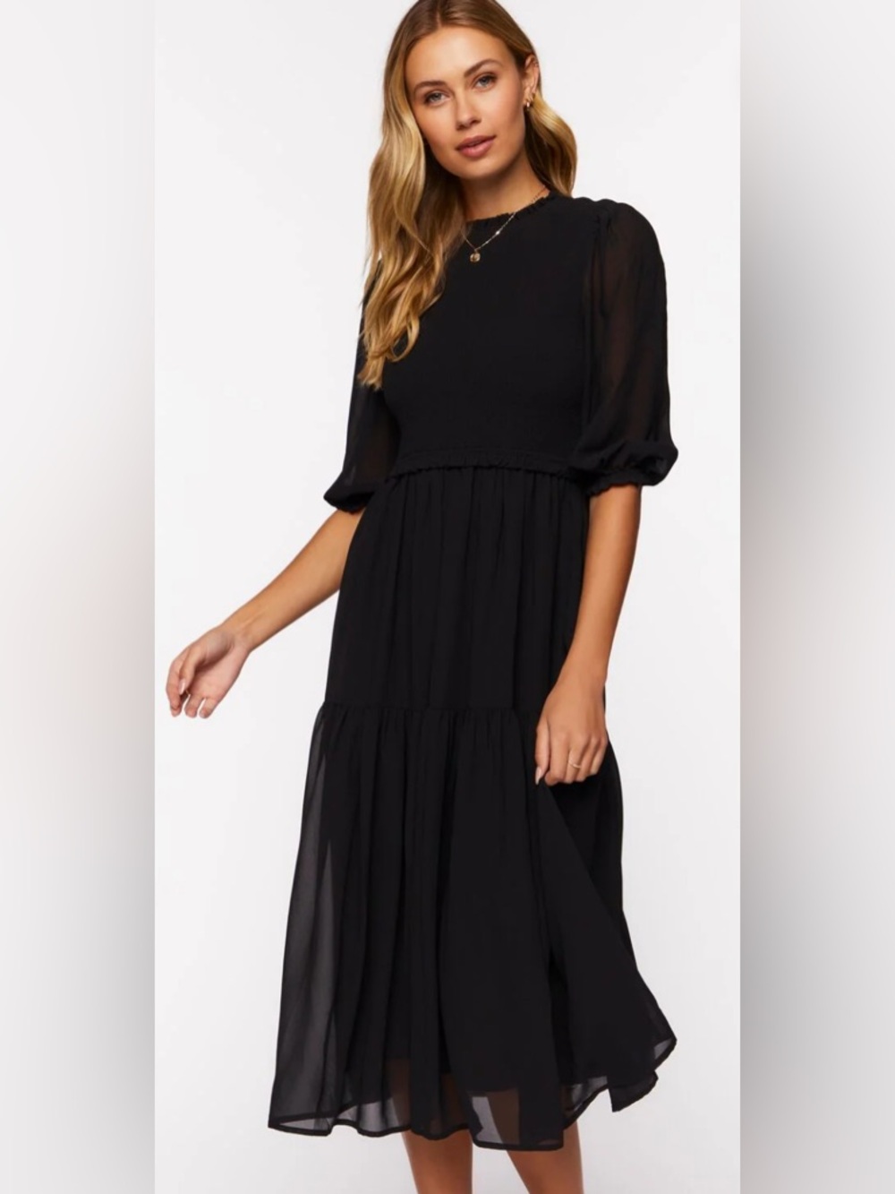 Black Dress Tiered Chiffon Midi Flowy Classic L